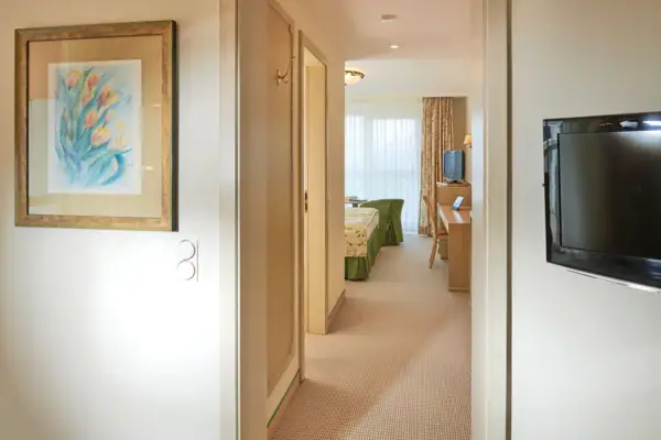 Hallway with television and table