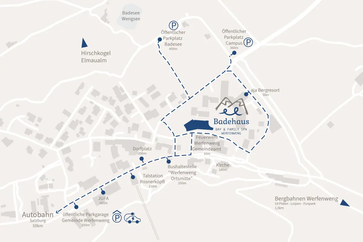 A map of the town with captions showing the Werfenweng bathhouse.