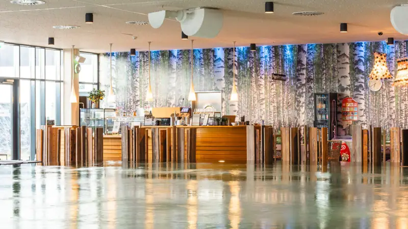 Pool bar A large room with a bar and a large wall with trees.