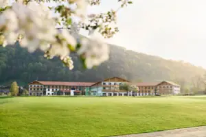 Großes grünes Feld mit Gebäuden im Hintergrund.