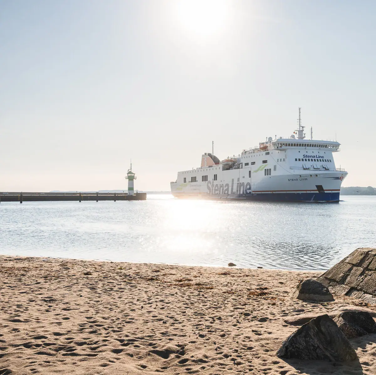 Ferry on the Trave Large white ship on the water.