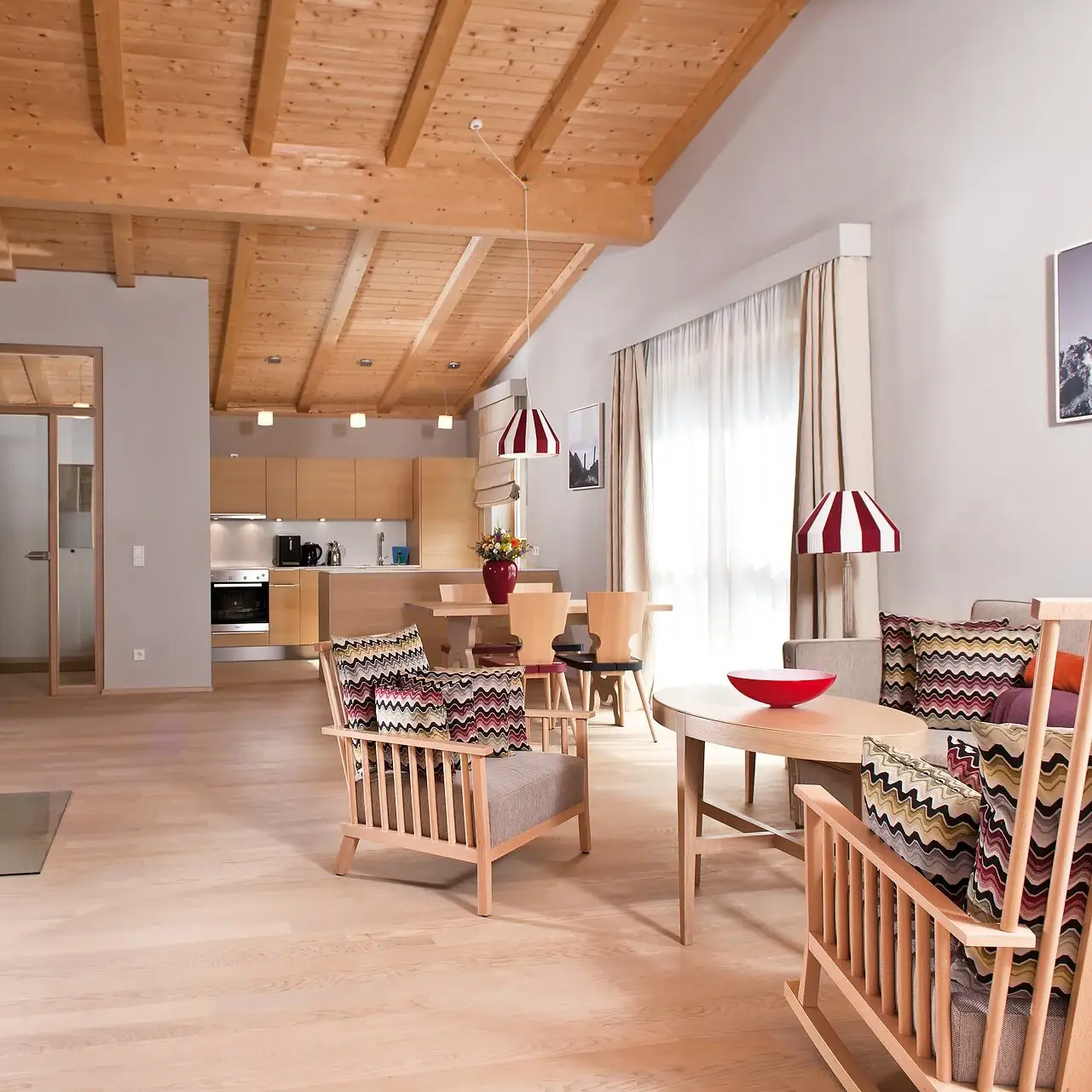 A room with a wooden ceiling and wood panelling.
