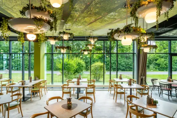 A room with tables, chairs and plants hanging from the ceiling.