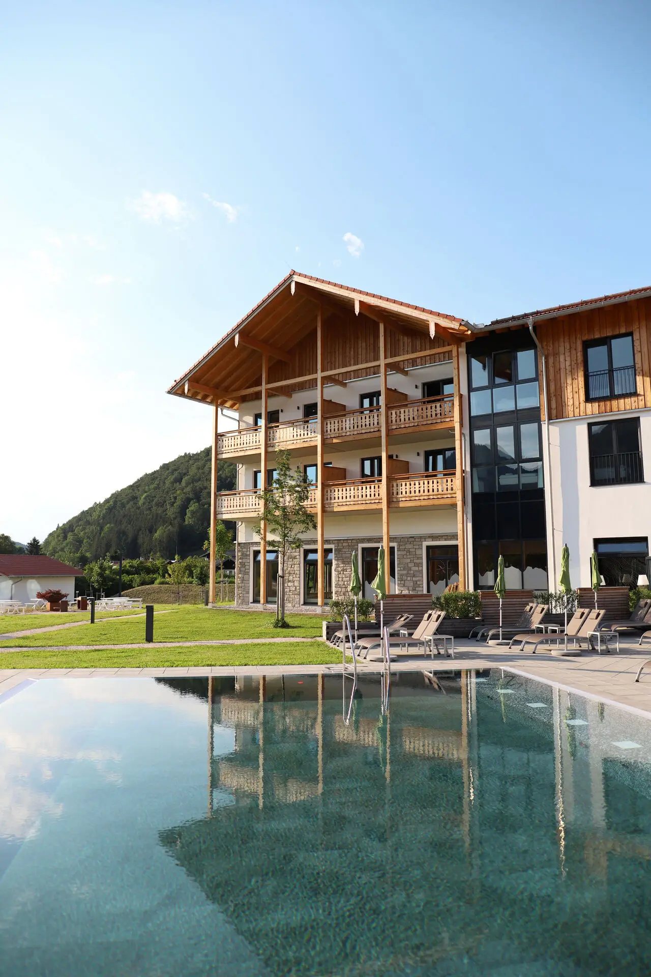 Modern building with a swimming pool in the foreground