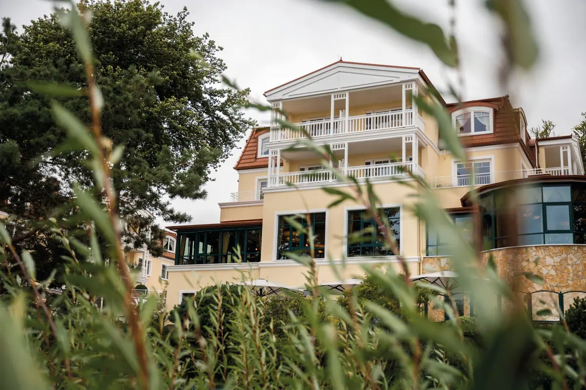 A building with windows and trees in the background.