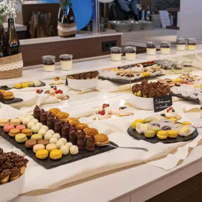 Dessert A table with various dishes on it.