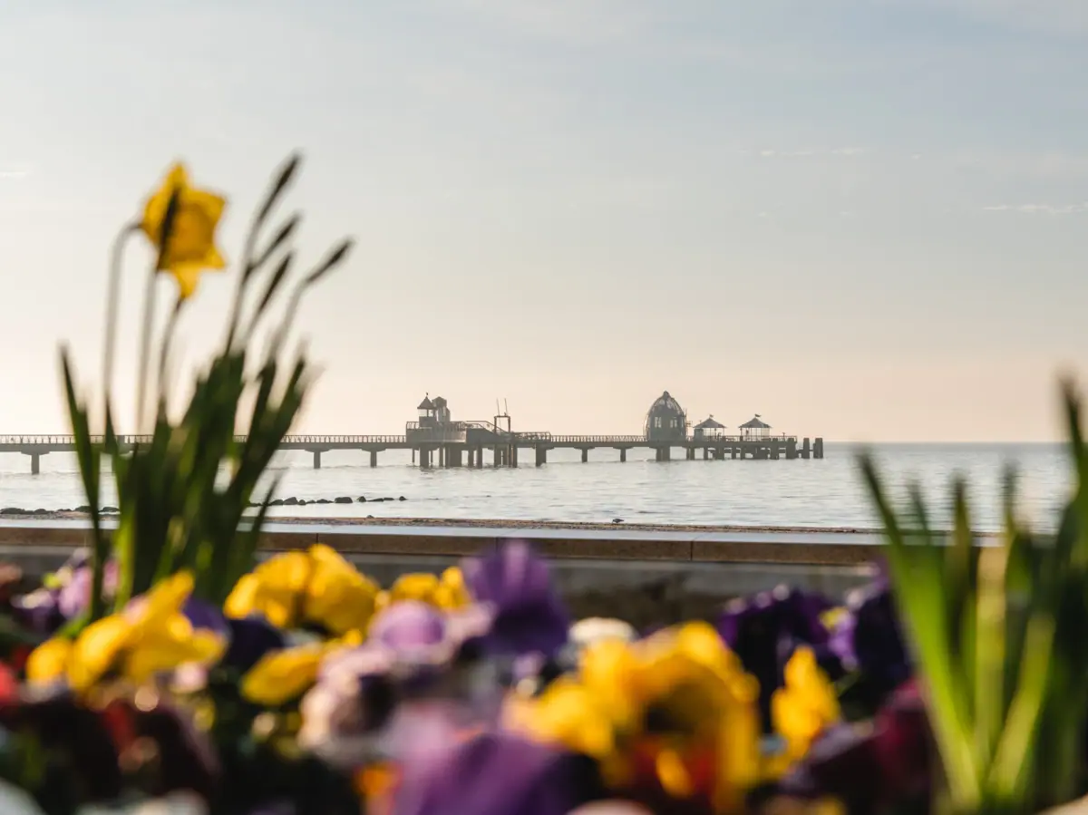 Spring in Grömitz A pier with a bridge in the water under the open sky.