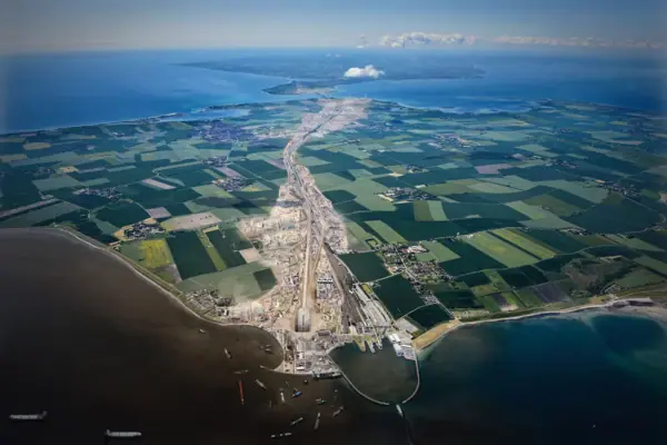 Fehmarn Belt Tunnel construction site Aerial view of the Fehmarn Belt Tunnel construction site, showing water and land.