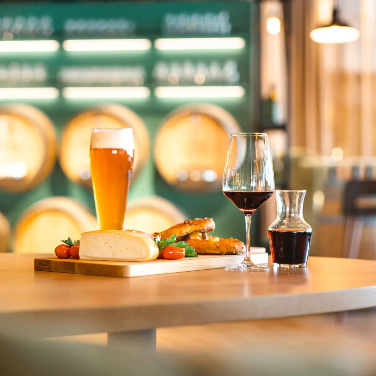 Snack A table with food and glasses on it.