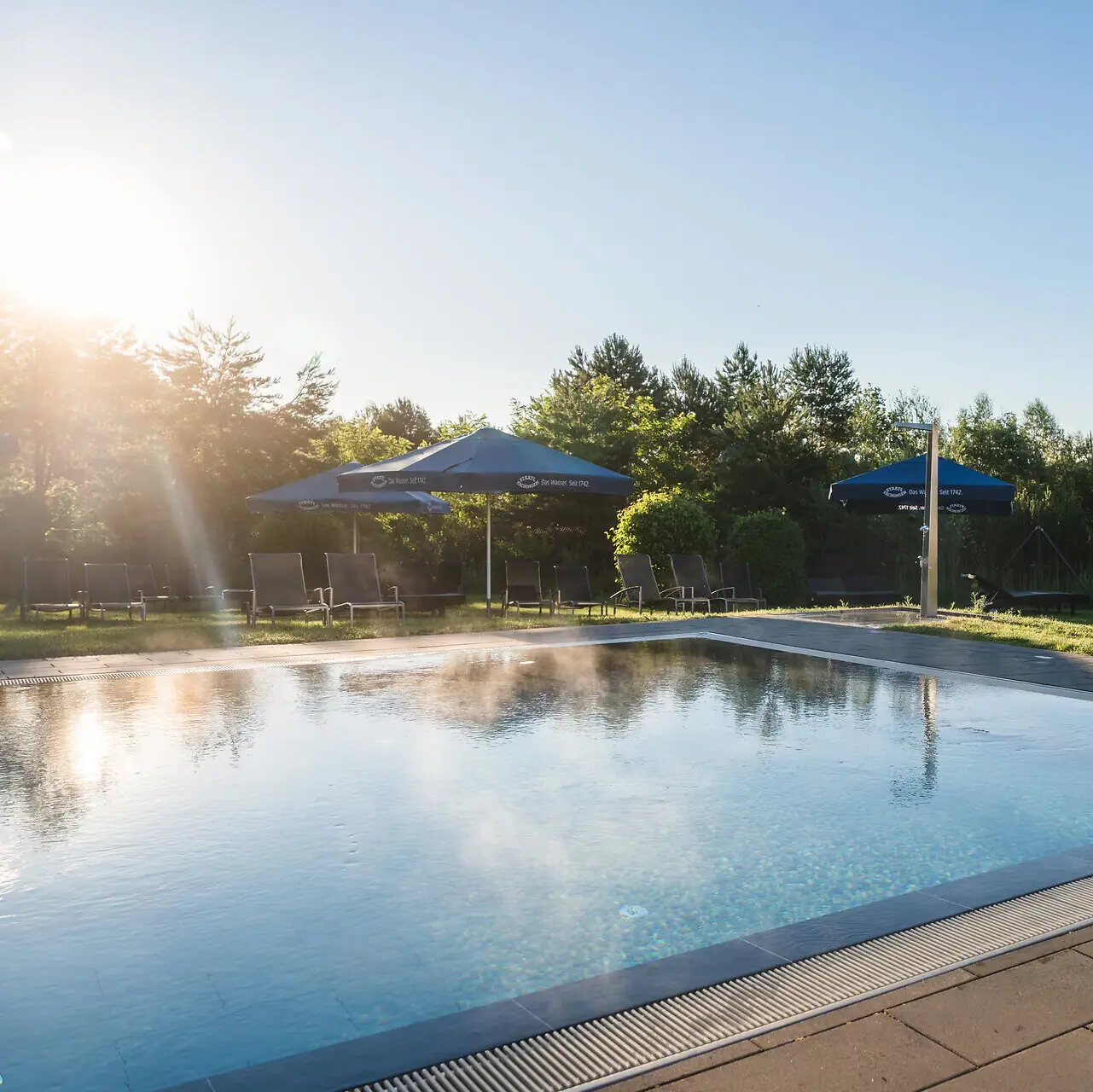 Pool at the aja Bad Saarow A pool with parasols and grass.