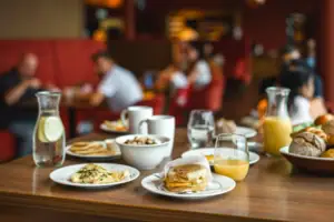 Ein Tisch mit Tellern voller Essen und Getränke.