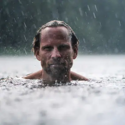A man swims in the water in the rain.