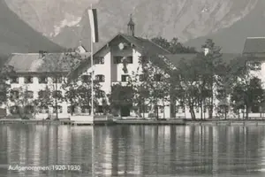 Collage of a house on a lake with surrounding trees and mountains.