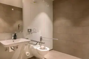 A bathroom with a toilet and a washbasin.