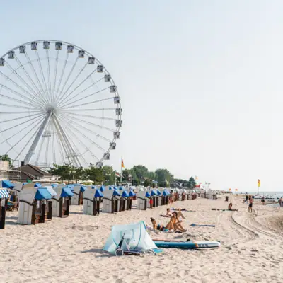 A beach with a Ferris wheel and people on it.
