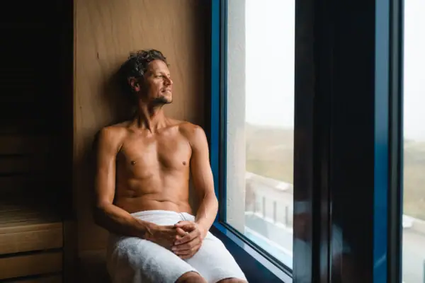 Sauna at aja Warnemünde A man sits on a sauna bench and looks out of the window.