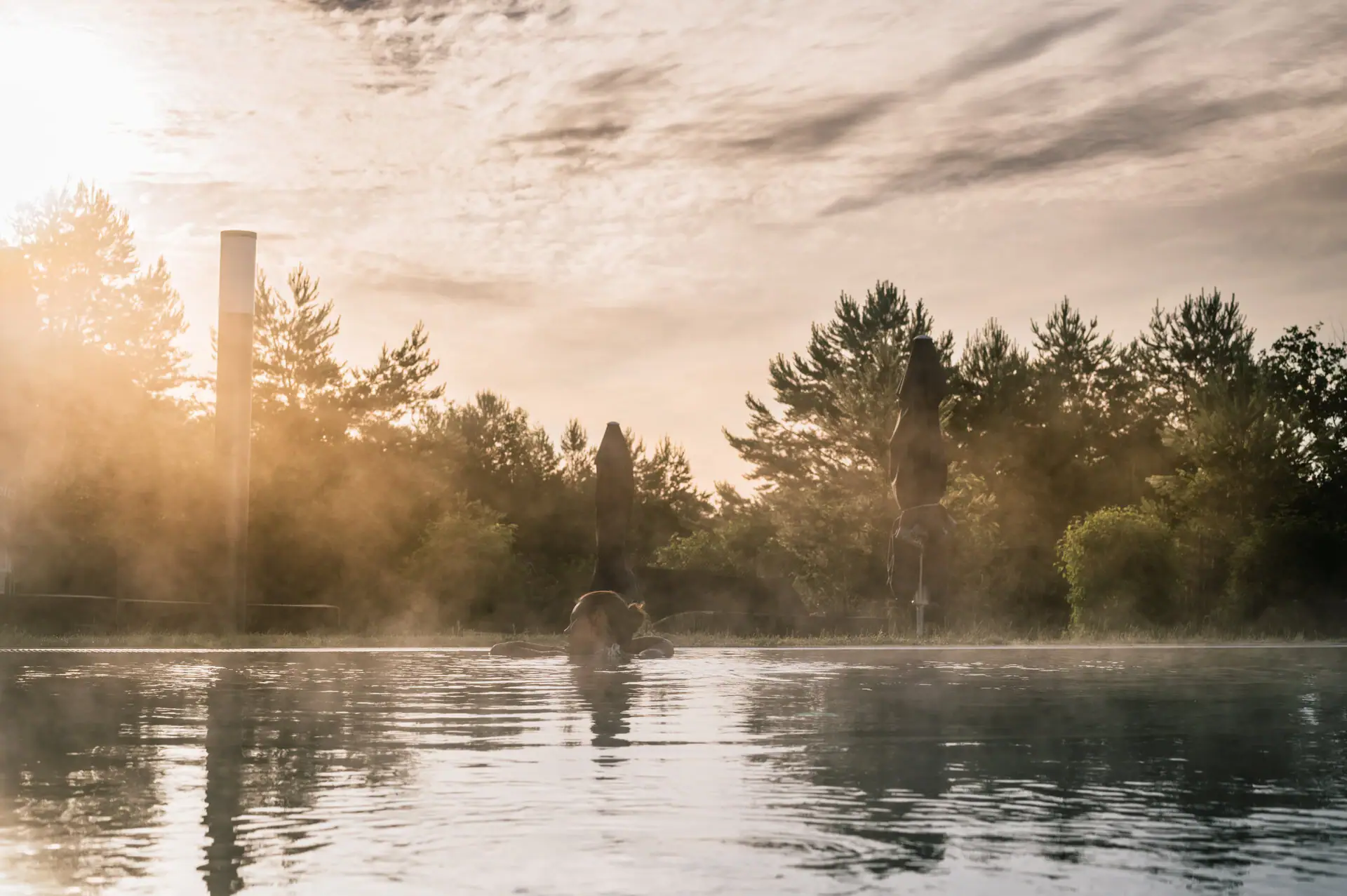 A body of water with trees and a cloudy sky.