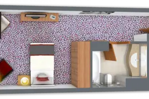 Floor plan A room with a bed and a bathtub.