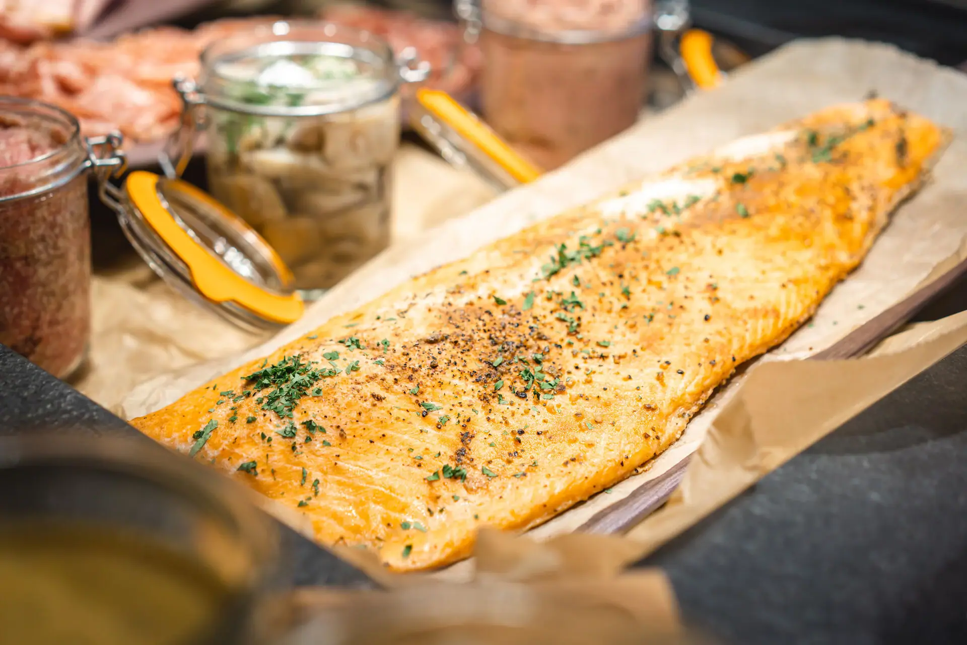 Salmon A fish on a tray.