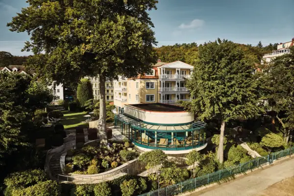 A building surrounded by trees