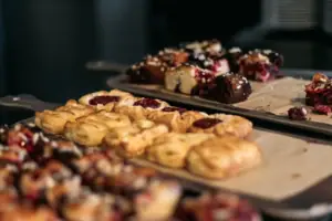 A tray of pastries on a table