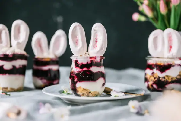 Dessert in a glass decorated with bunny ears