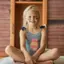 A girl in a swimming costume sits smiling on a bed in an interior room.