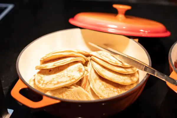 Pancake with knife on top.