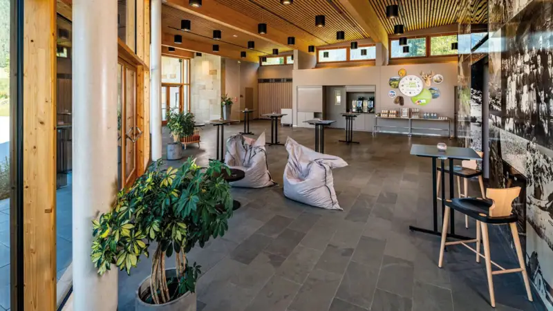 Foyer Interior with tables, chairs and a plant in a flower pot.