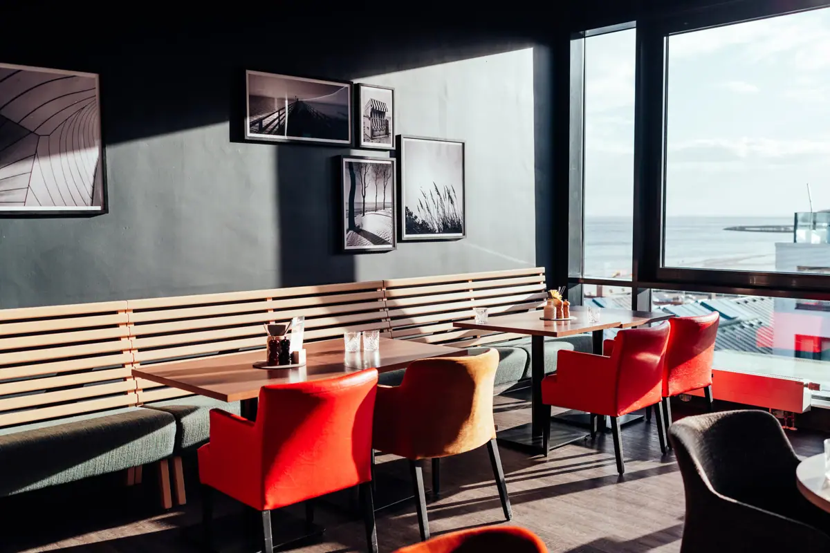 A table and chairs in a restaurant setting.