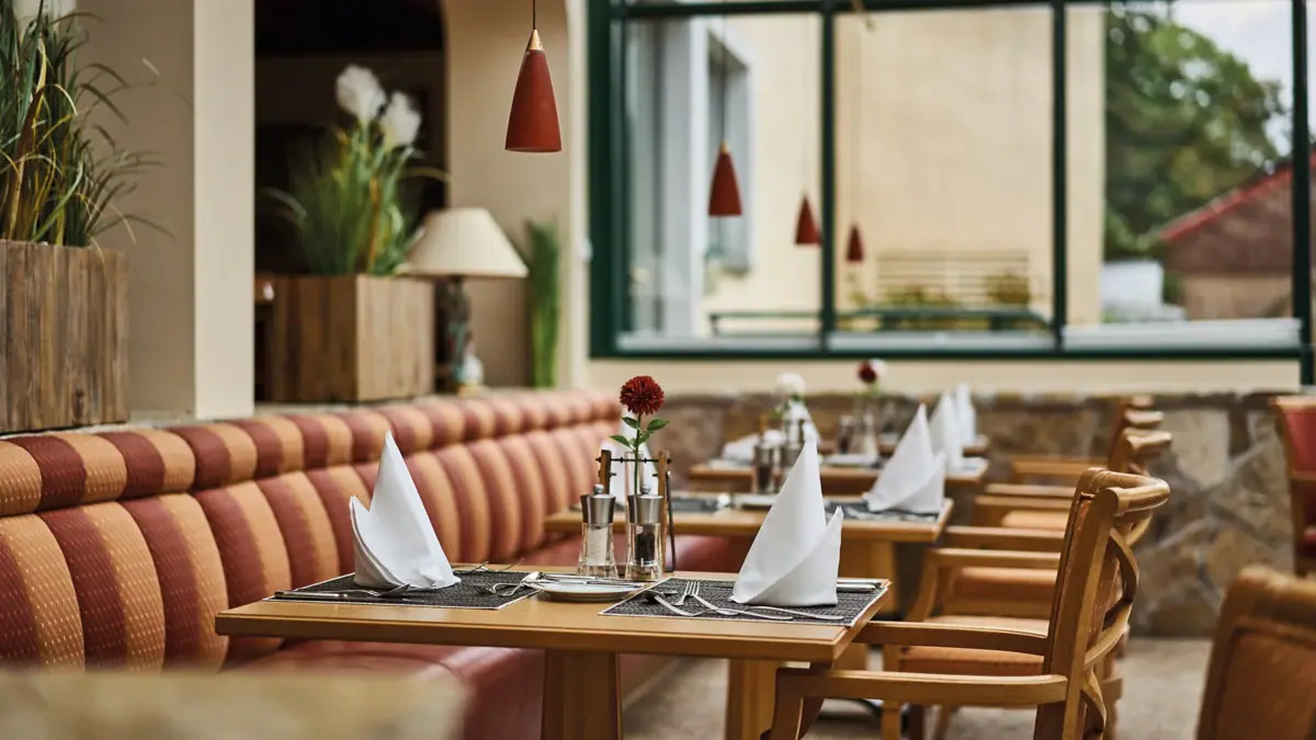 A table with napkins and a flower in a vase.