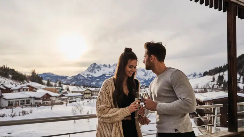 Rooms at the aja Bergresort Werfenweng A man and a woman stand on a balcony with snow-covered mountains in the background.