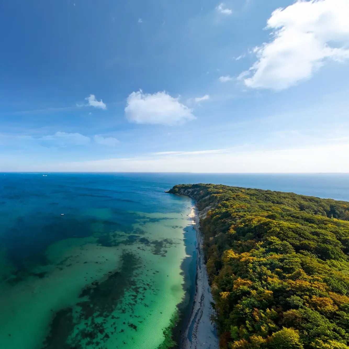 Aerial view of Rügen Beach with trees and water in the foreground, sky with clouds in the background.