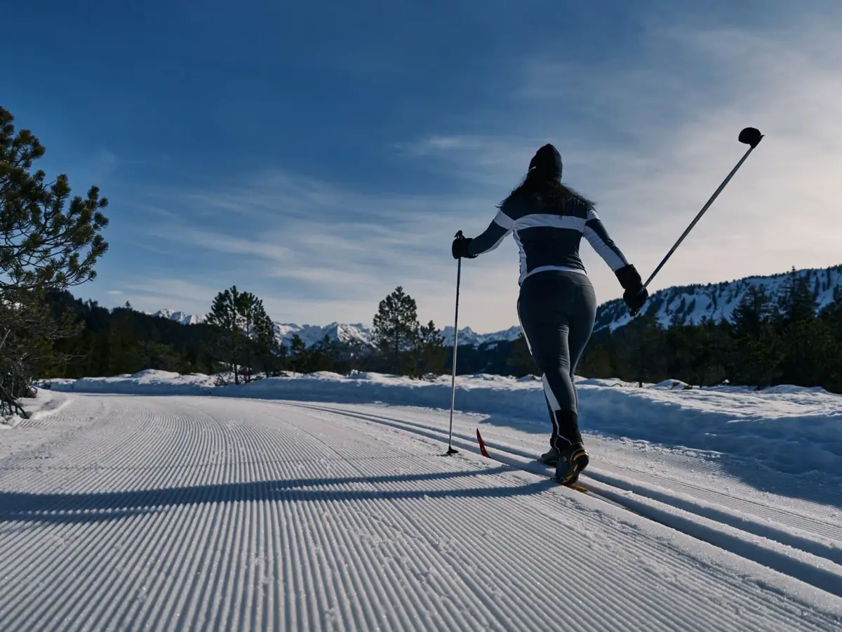 A person on skis on a snow-covered road.