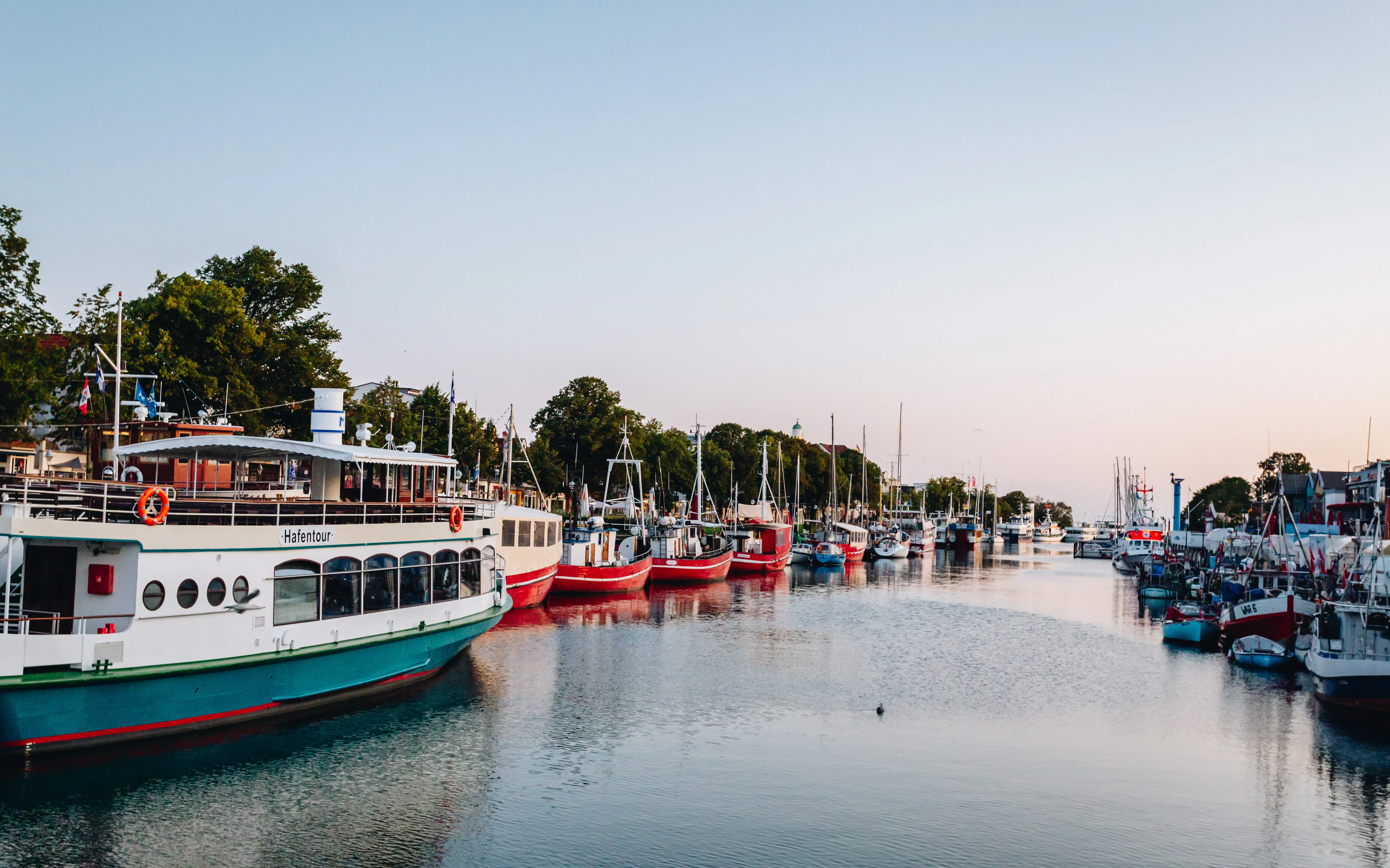 Idyllic harbor scene with colorful fishing boats and excursion ships lined up along calm water, surrounded by trees and a peaceful evening sky.