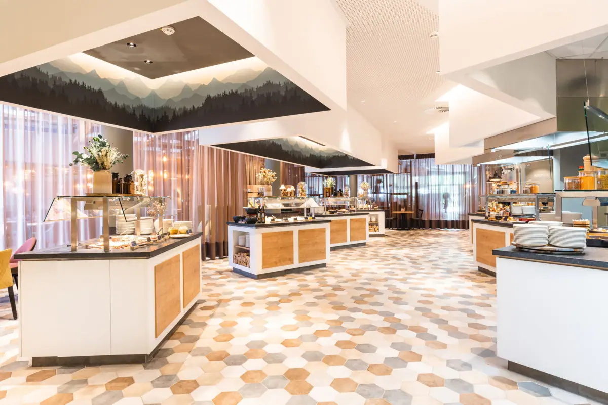 Buffet station Buffet in a hotel with elegant interior design and modern kitchen furniture.