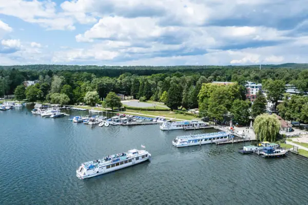 Boats on the water with trees in the background