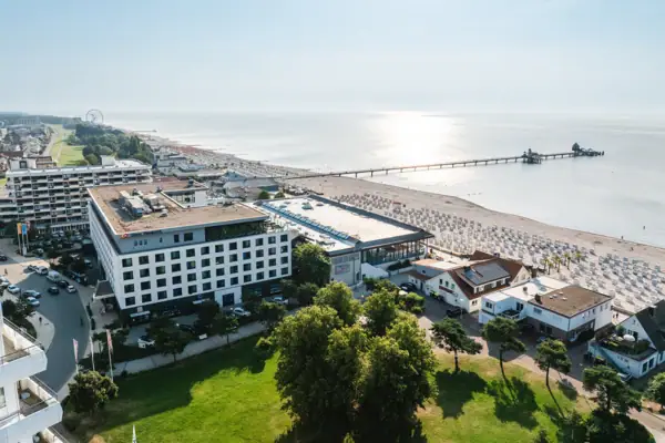 A building next to a body of water.