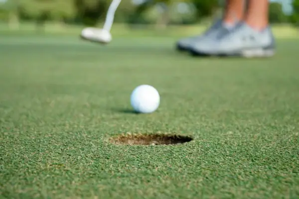 Golf ball near a hole on a golf course.