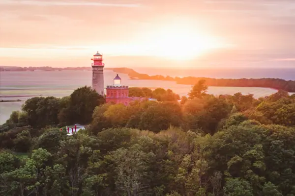 A lighthouse in the middle of a forest.