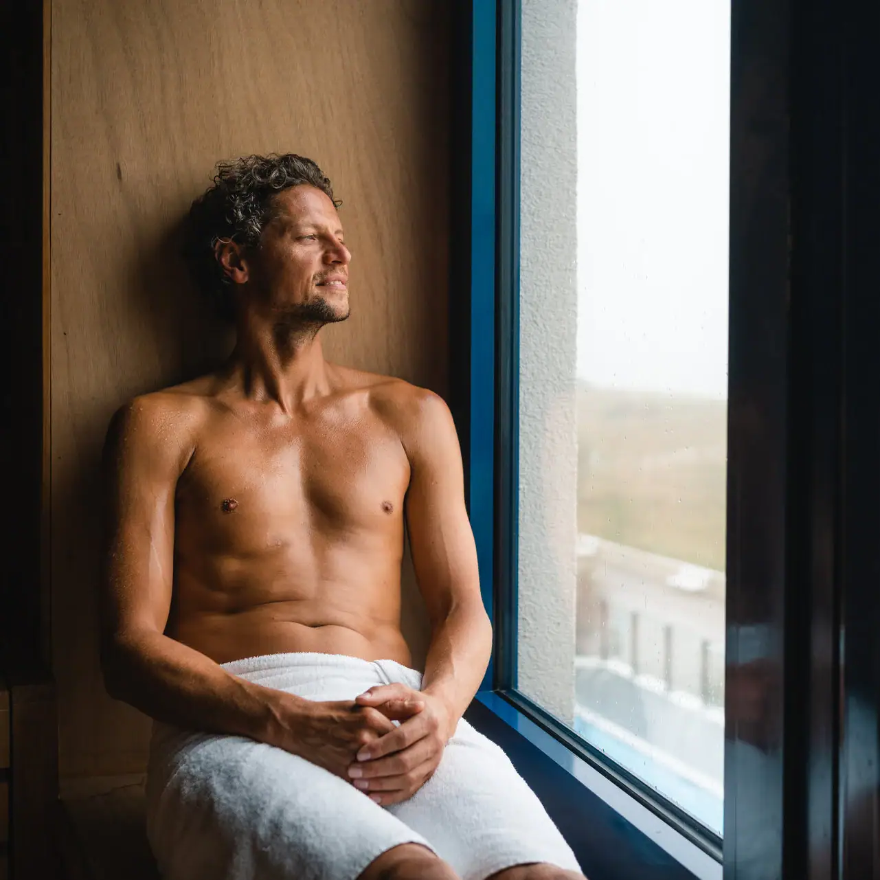 A man sits on the windowsill of the sauna.