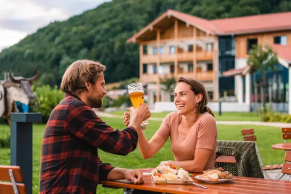 A man and a woman are sitting at a table with food and drinks.