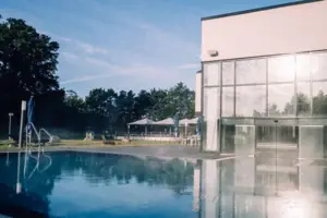 A water feature in front of a building.