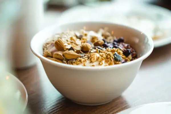 Bowl with muesli, nuts and yoghurt