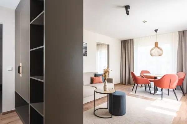 Living room with sofa and table.