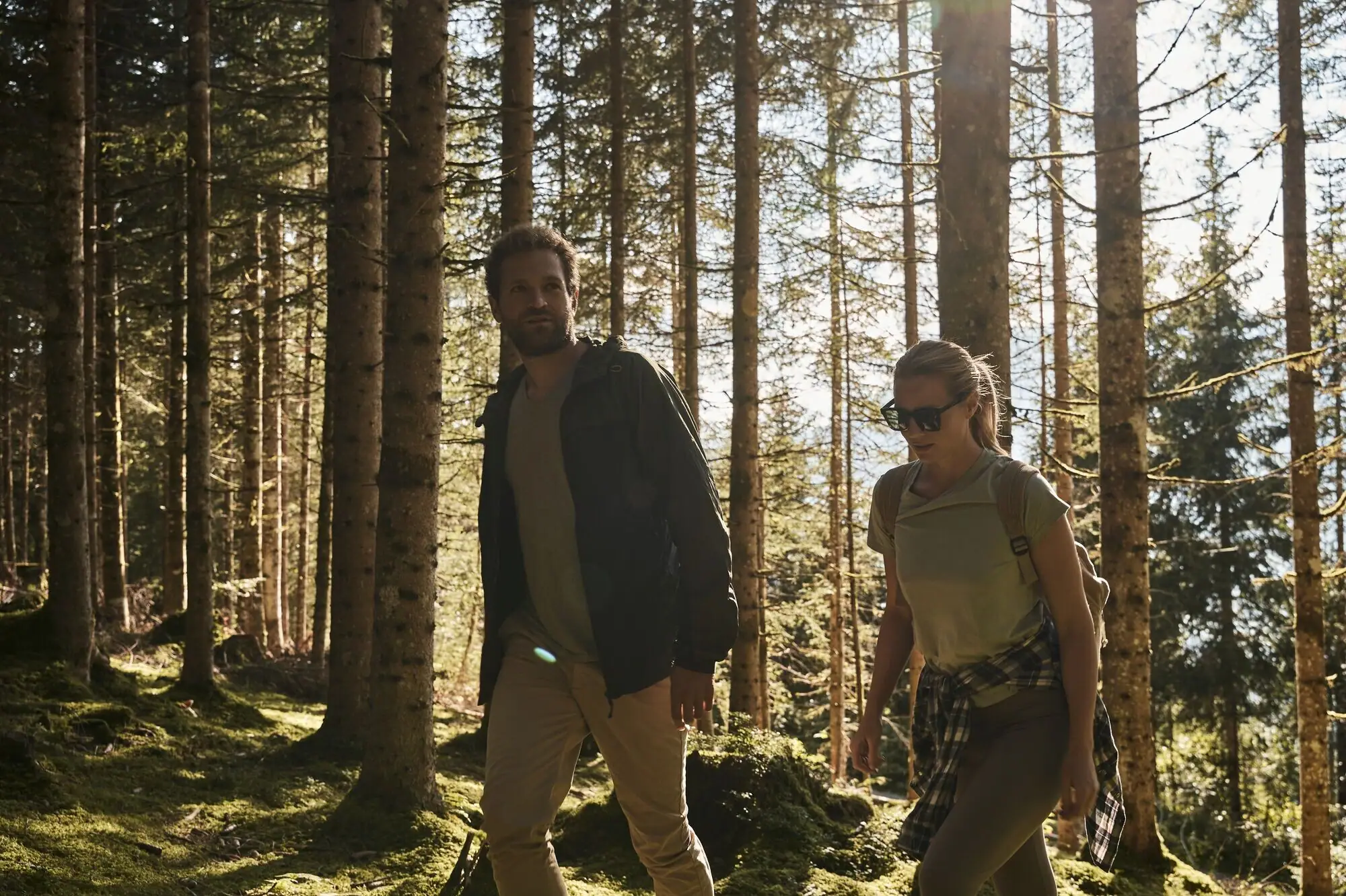 A couple walks through a forest. The animal sun is shining through the pine crowns and bathes the picture in warm colours.