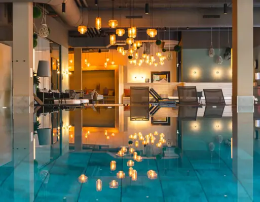 Indoor pool A pool with lighting.