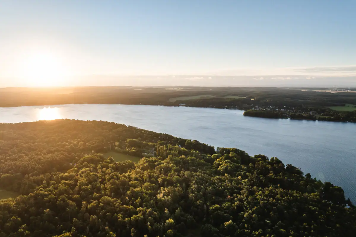A body of water with trees and a town in the distance.
