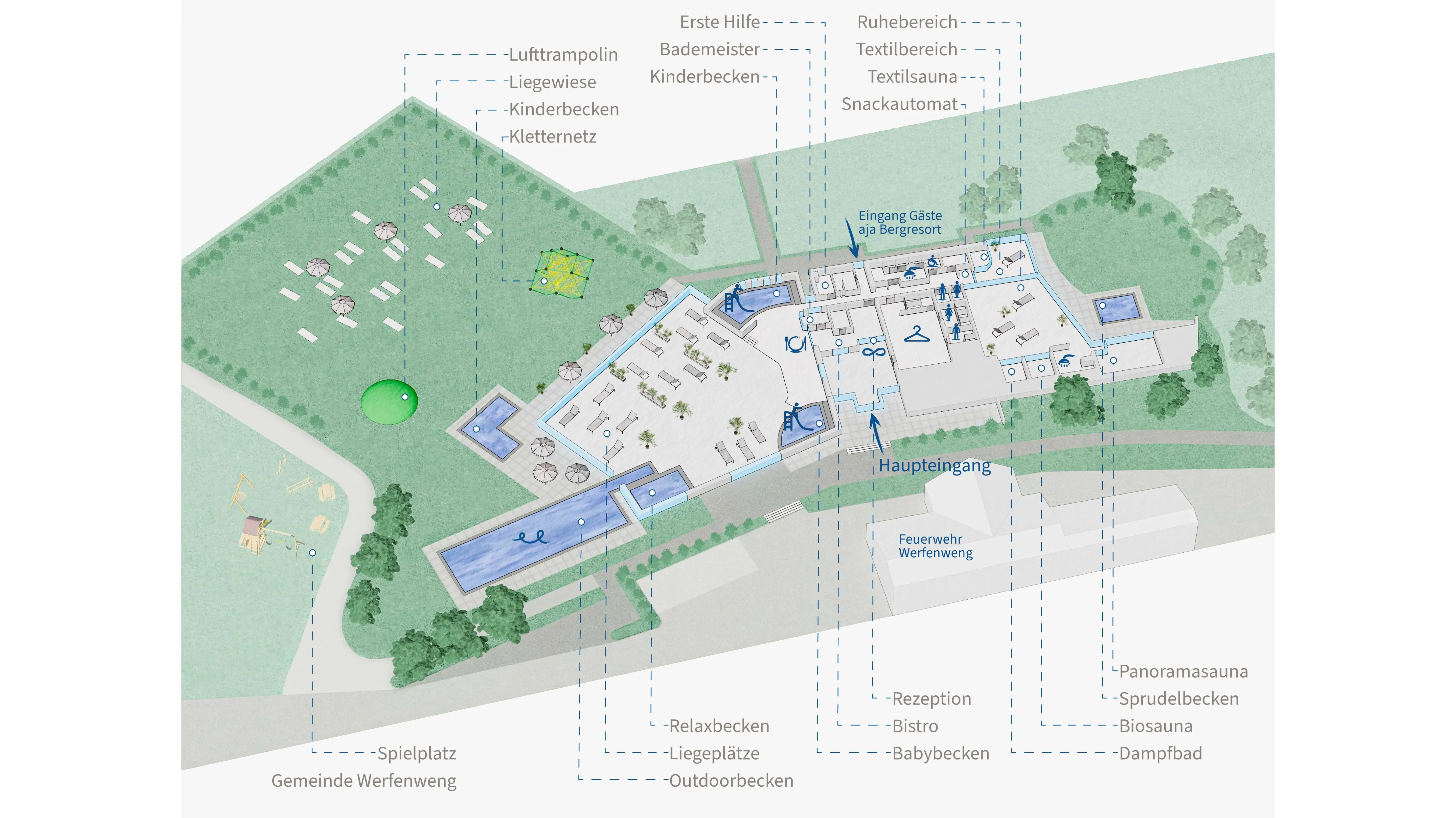 The plan shows the entrance and the location of the various areas, pools and saunas at the Werfenweng bathhouse.