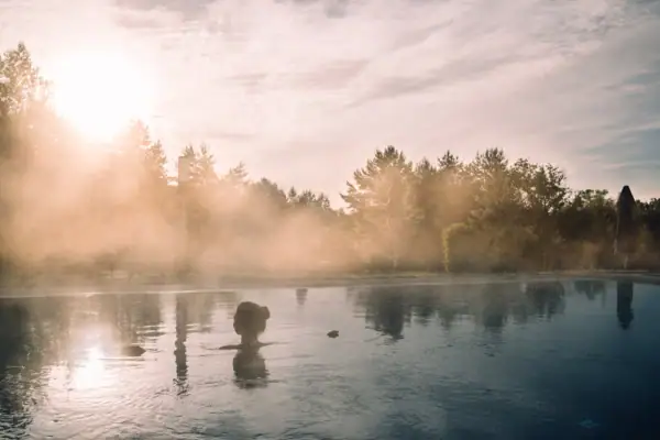 A person in the water, surrounded by trees.